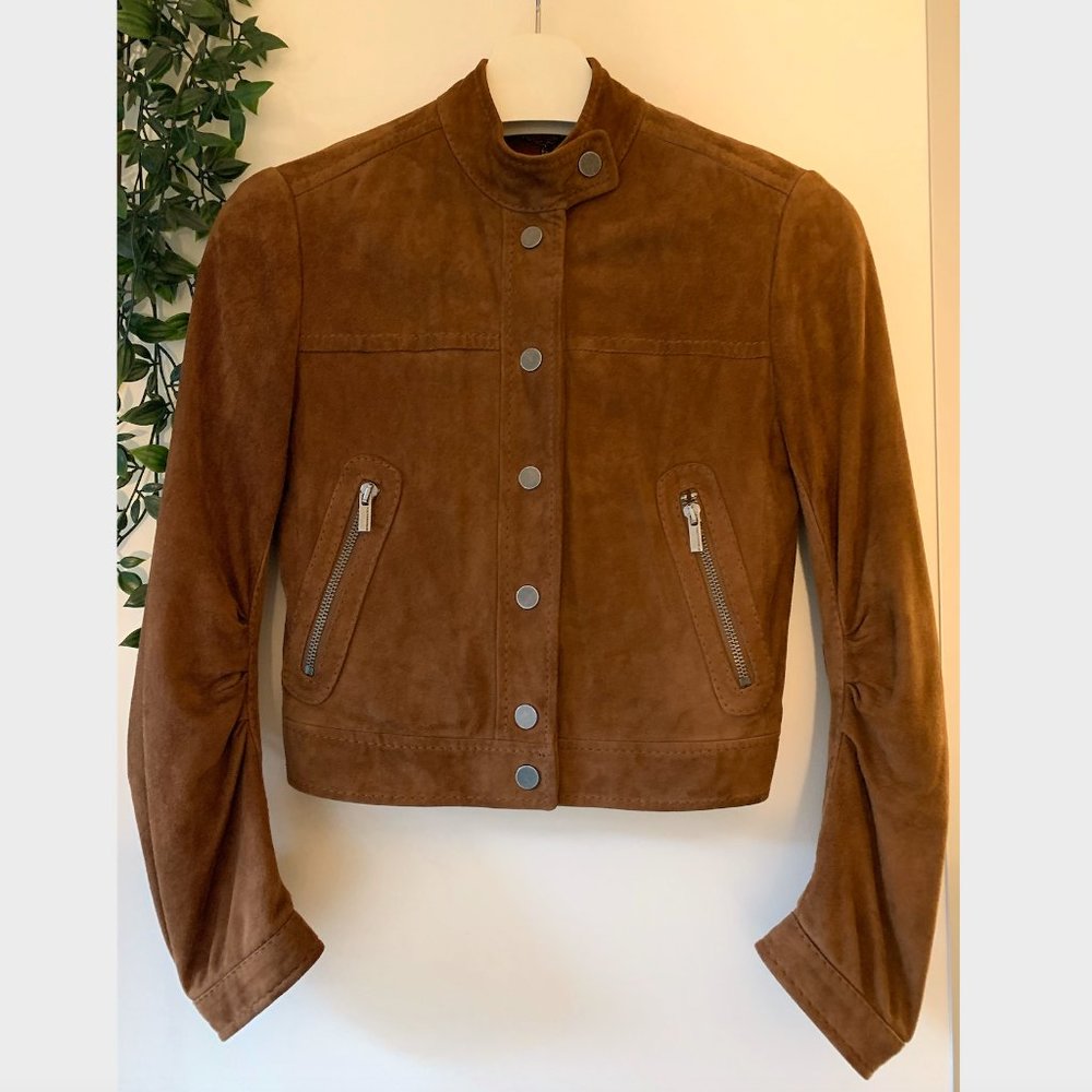 BCBGMaxAzria Snap Front 100% Suede Leather Crop Moto Jacket